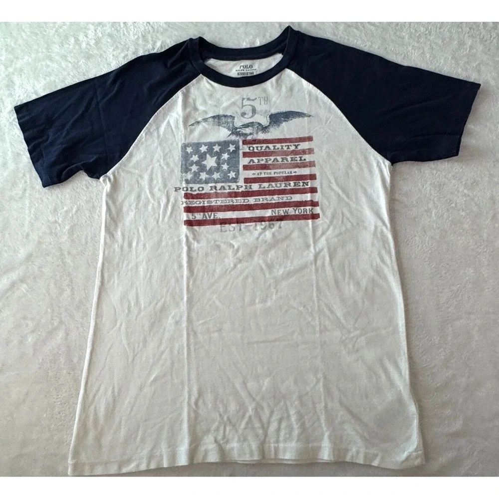 Vtg Polo Ralph Lauren‎ Tshirt Mens *XL* USA Flag Y2K 90s Raglan style Crewneck